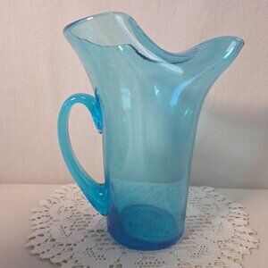 Hand Blown Blue Glass Pitcher With Flared Rim & Handle Unique Bubbling Pattern
